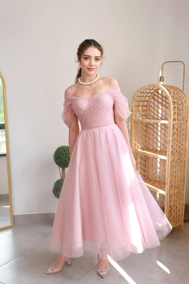 L1984 - Off-Shoulder Sleeveless Ruched Tulle A-Line Tea Length Evening Prom Dress