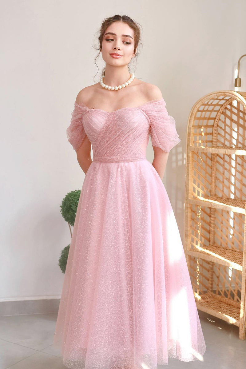 L1984 - Off-Shoulder Sleeveless Ruched Tulle A-Line Tea Length Evening Prom Dress