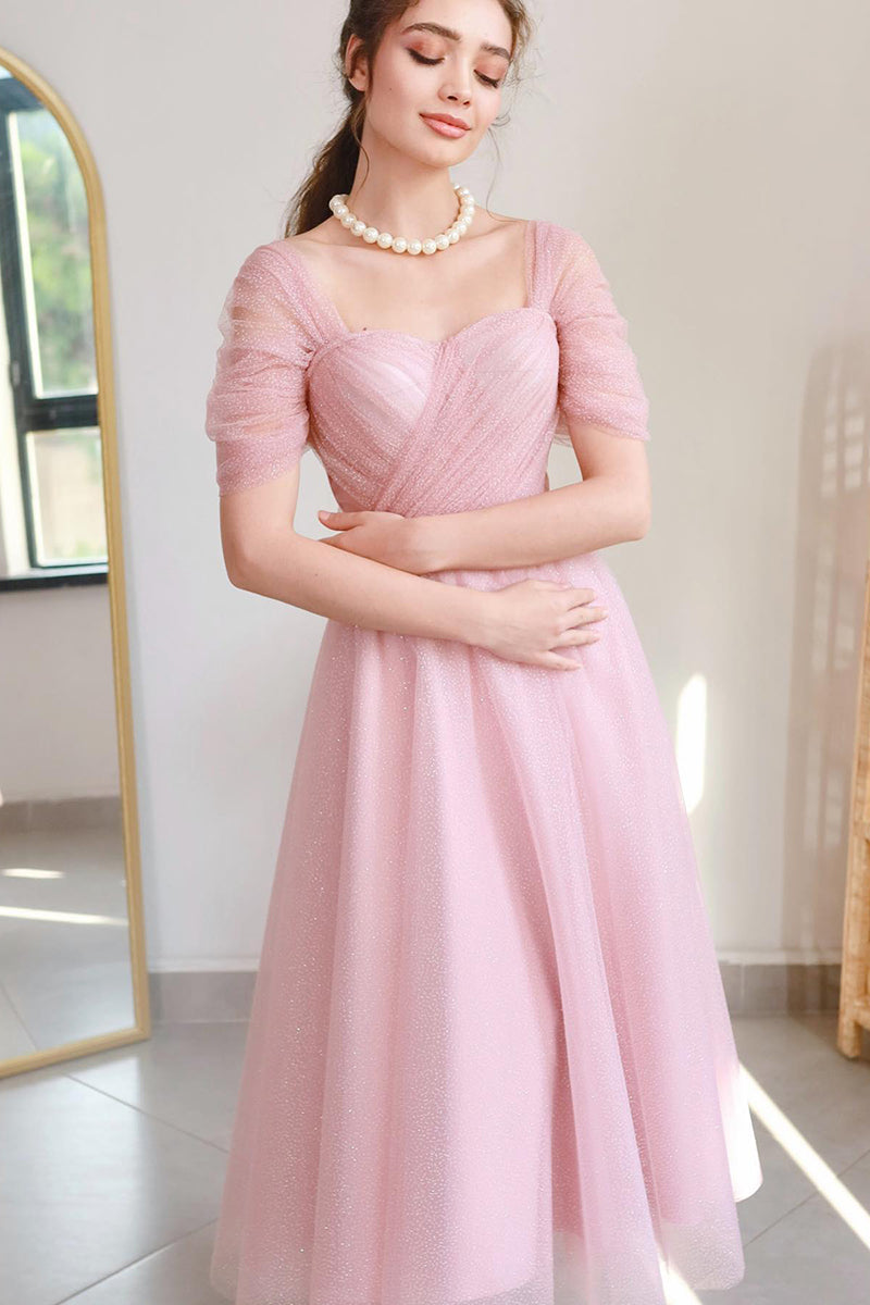 L1984 - Off-Shoulder Sleeveless Ruched Tulle A-Line Tea Length Evening Prom Dress