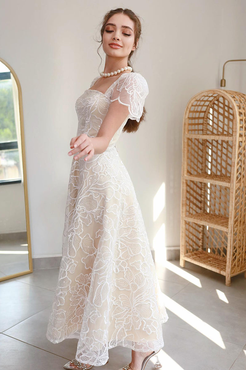 L1985 - Square Neck Cup Sleeves Print Tulle A-Line Tea Lenght Evening Prom Dress
