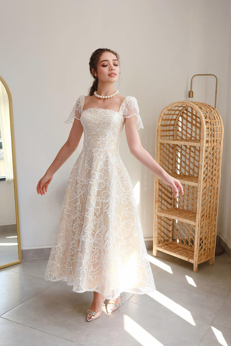 L1985 - Square Neck Cup Sleeves Print Tulle A-Line Tea Lenght Evening Prom Dress