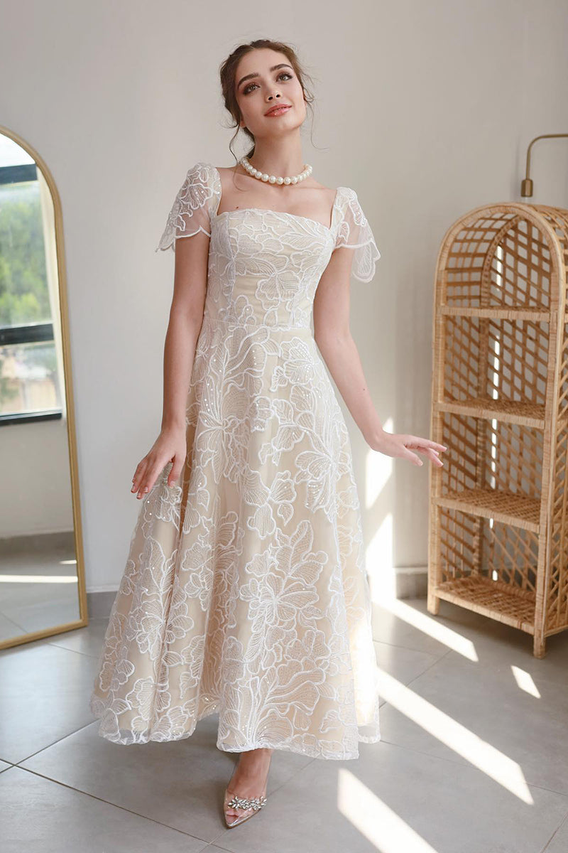 L1985 - Square Neck Cup Sleeves Print Tulle A-Line Tea Lenght Evening Prom Dress