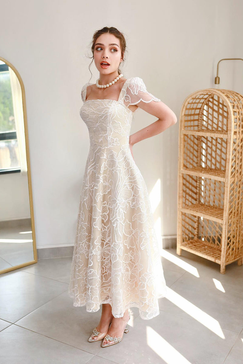 L1985 - Square Neck Cup Sleeves Print Tulle A-Line Tea Lenght Evening Prom Dress