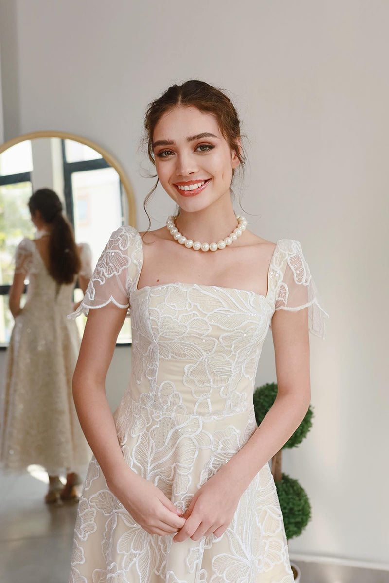 L1985 - Square Neck Cup Sleeves Print Tulle A-Line Tea Lenght Evening Prom Dress