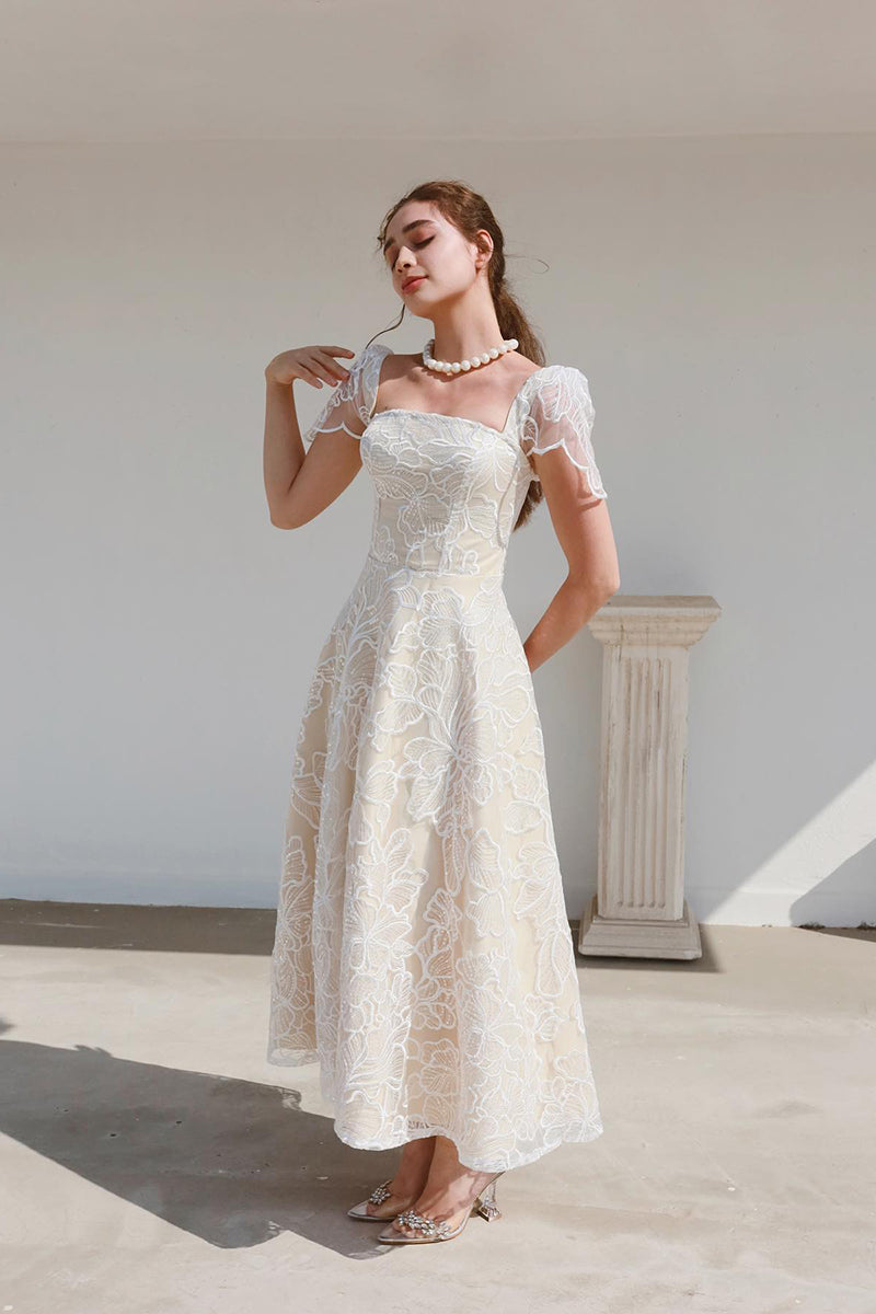 L1985 - Square Neck Cup Sleeves Print Tulle A-Line Tea Lenght Evening Prom Dress