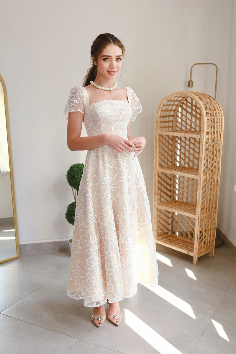 L1985 - Square Neck Cup Sleeves Print Tulle A-Line Tea Lenght Evening Prom Dress
