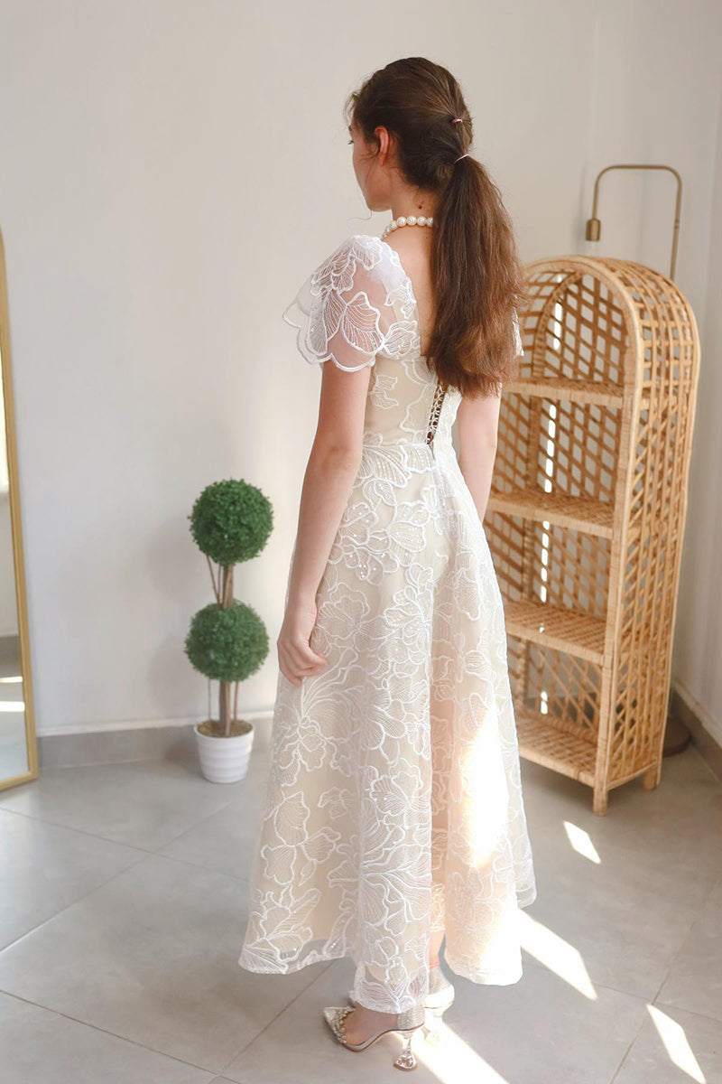 L1985 - Square Neck Cup Sleeves Print Tulle A-Line Tea Lenght Evening Prom Dress