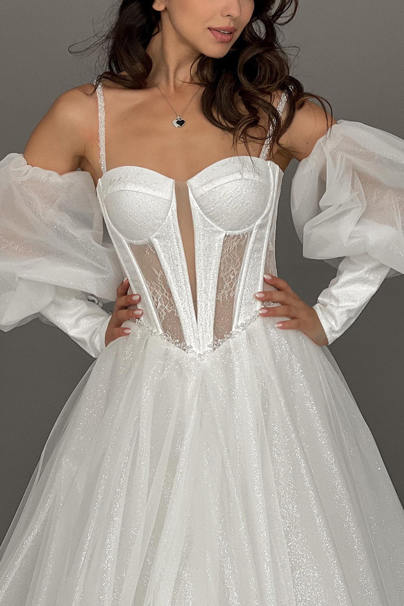L1986 - Sweetheart Spaghetti Straps Lace Beaded Tulle A-Line Long Prom Dress