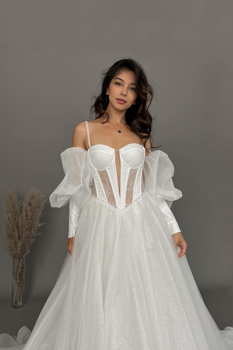 L1986 - Sweetheart Spaghetti Straps Lace Beaded Tulle A-Line Long Prom Dress