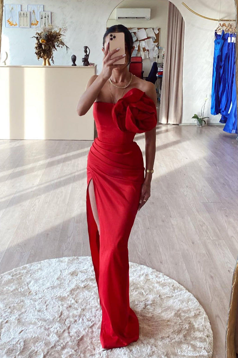 L1992 - Strapless Sleeveless Floral Ruched Satin Sheath Long Prom Evening Dress