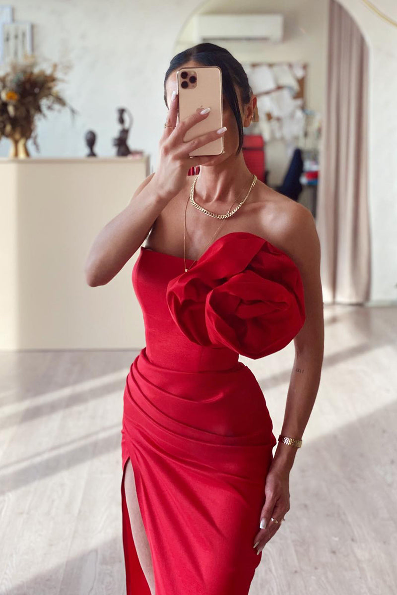 L1992 - Strapless Sleeveless Floral Ruched Satin Sheath Long Prom Evening Dress