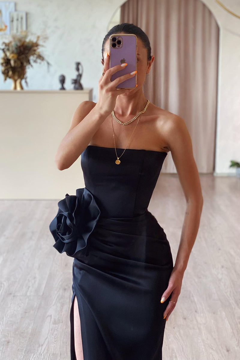 L1992 - Strapless Sleeveless Floral Ruched Satin Sheath Long Prom Evening Dress