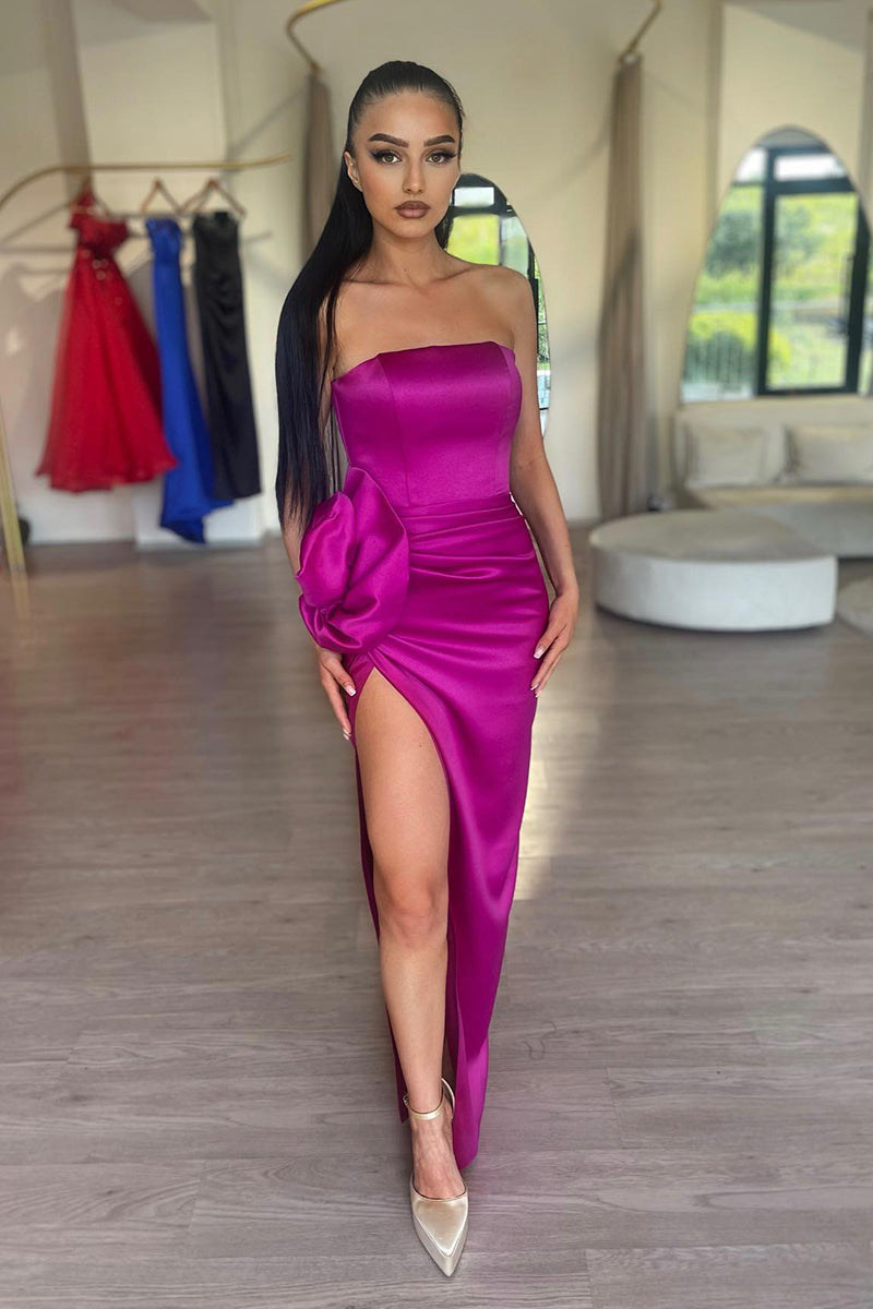 L1992 - Strapless Sleeveless Floral Ruched Satin Sheath Long Prom Evening Dress