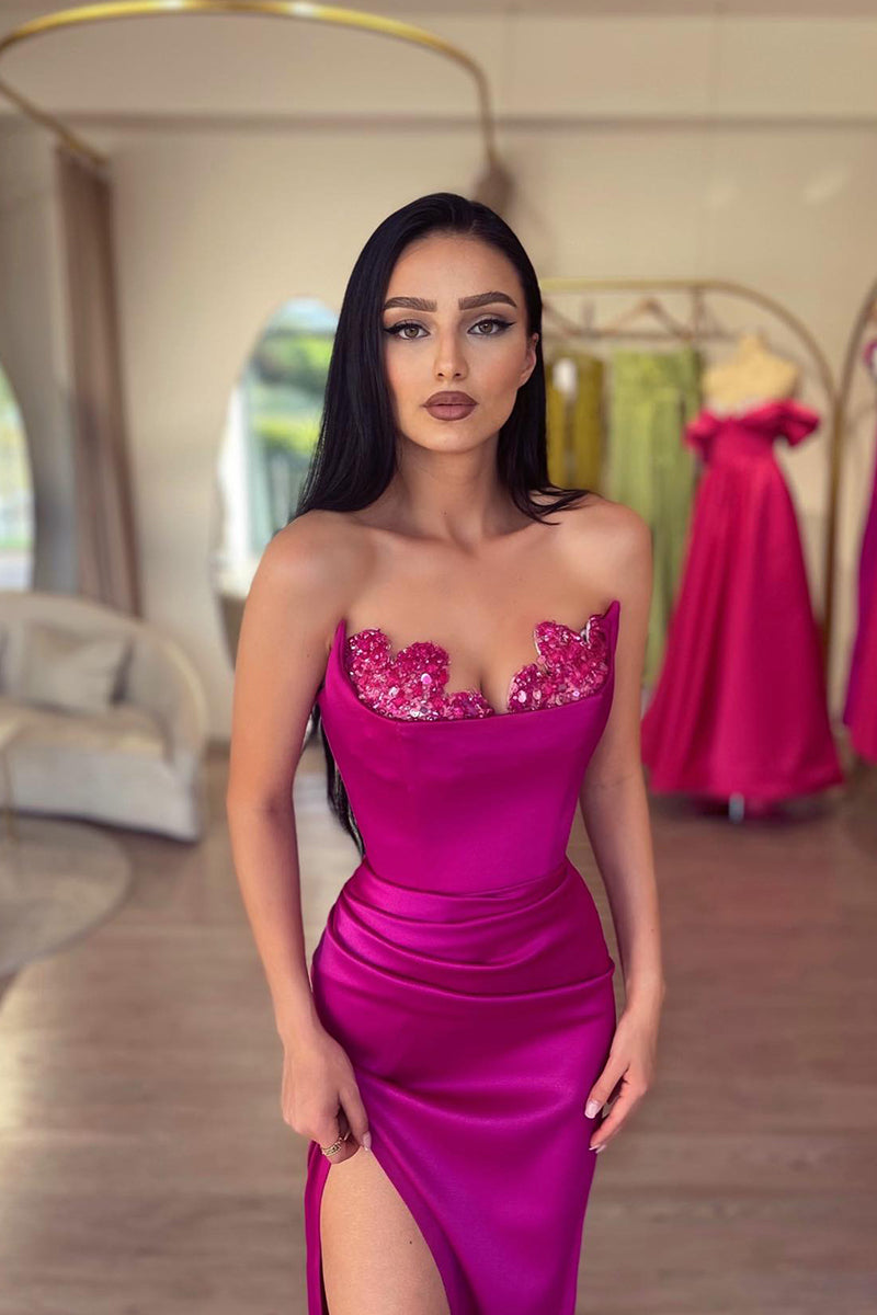 L1993 - Sweetheart Strapless Sequined Ruched Satin Sheath Long Prom Evening Dress