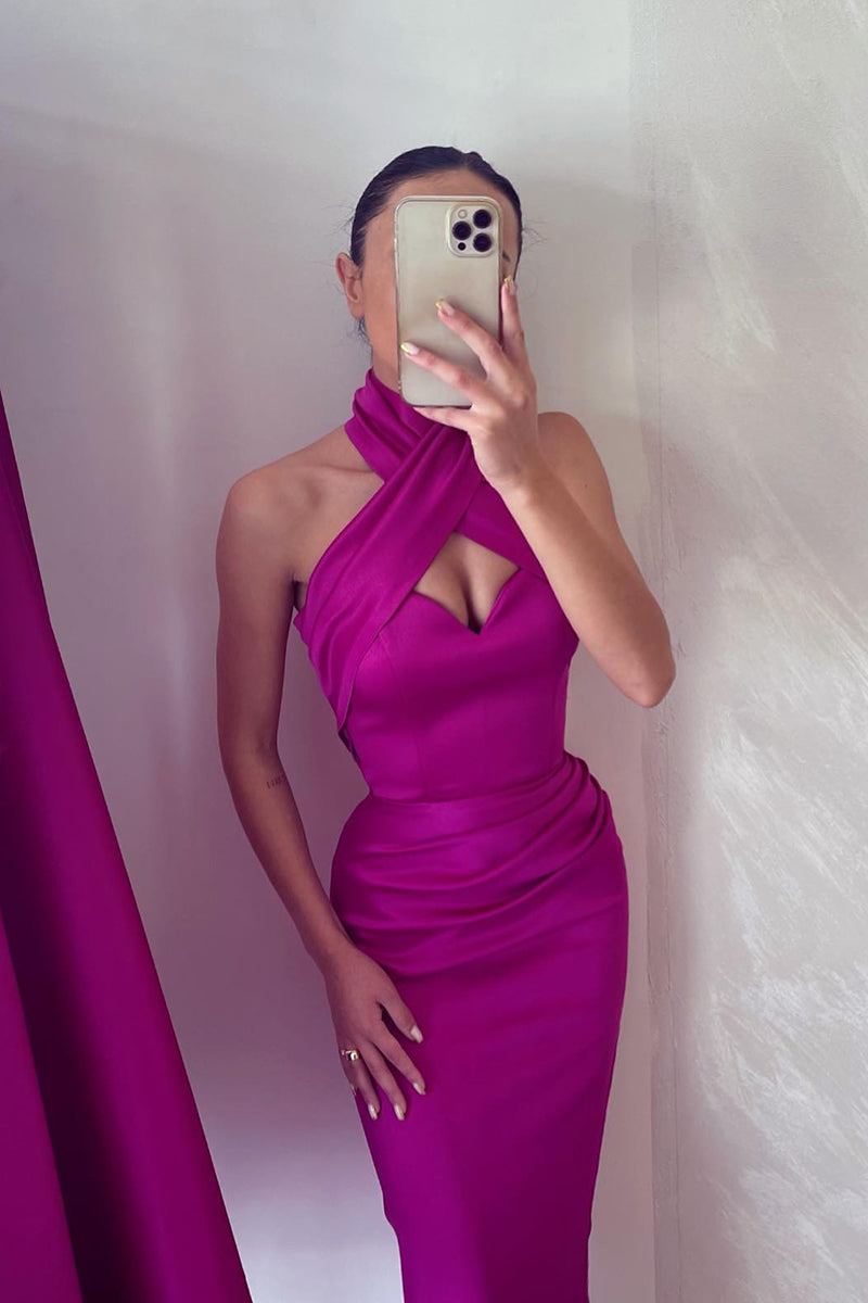 L1994 - Cross Neck Halter Sleeveless Ruched Satin Sheath Long Prom Evening Dress