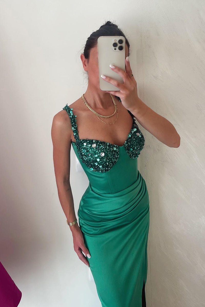 L1995 - V-Neck Sequined Beaded Ruched Satin Long Sheath Prom Evening Dress