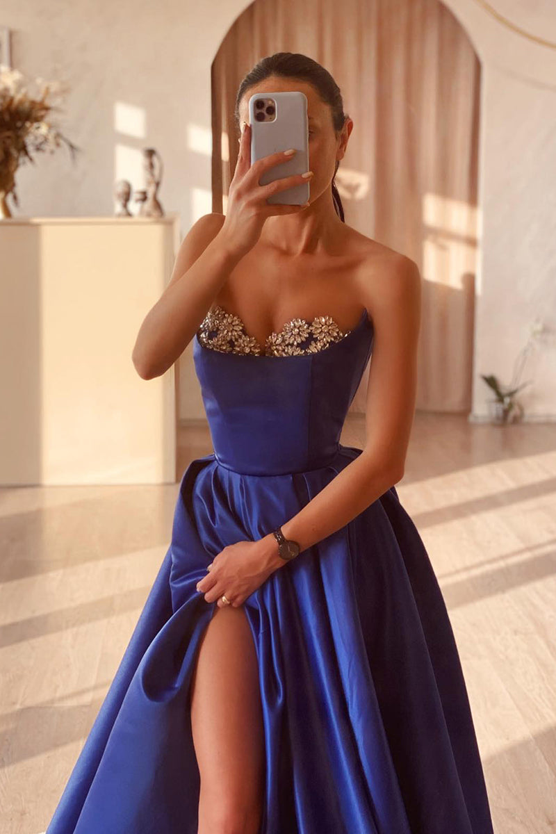 L1997 - Sweethraert Strapless Beaded Ruched A-Line Long Prom Evening Dress