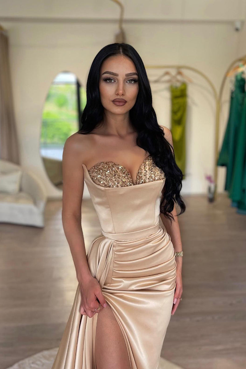 L2000 - Sweetheart Strapless Sequined Ruched Satin Sheath Long Prom Evening Dress