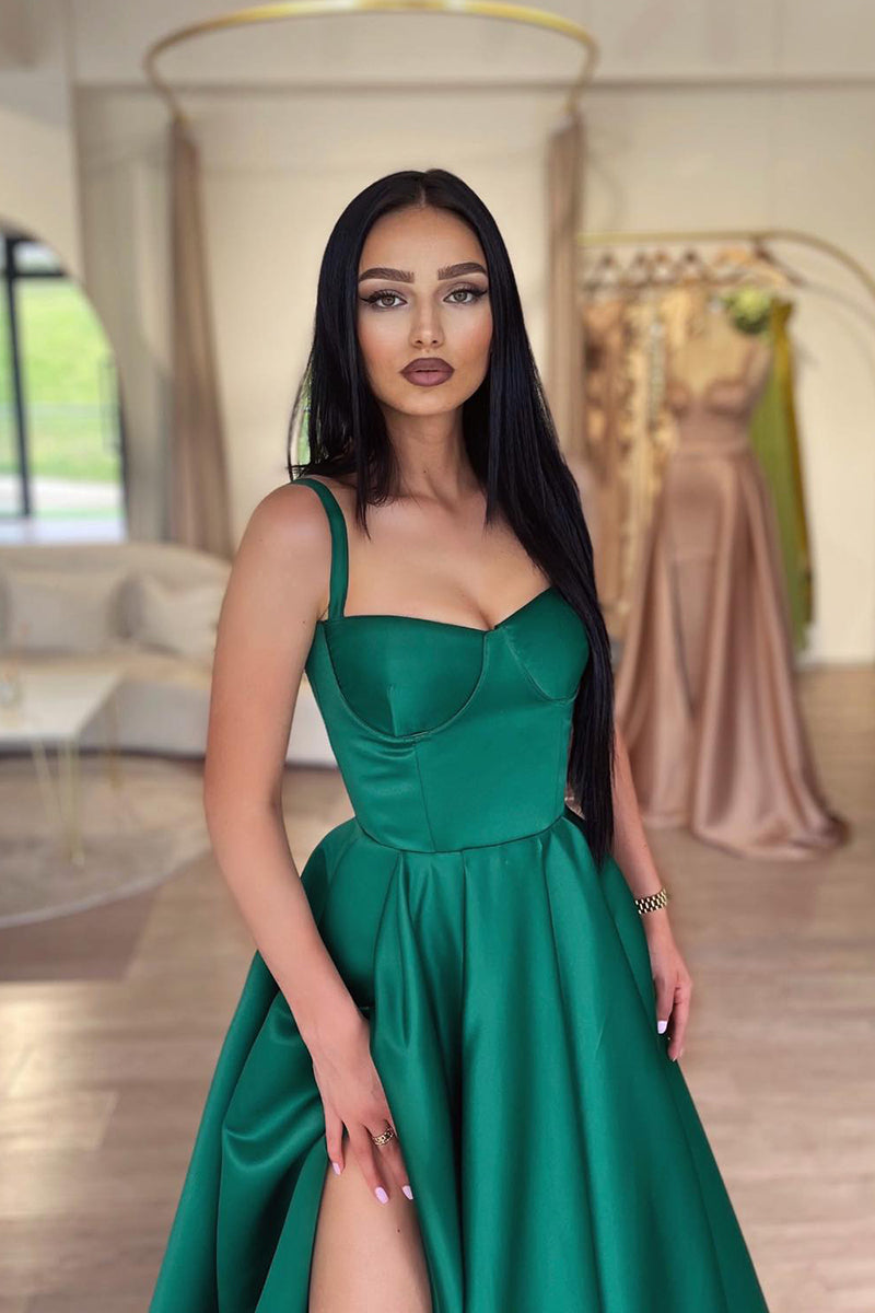 L2001 - Square Neck Sleeveless Ruched Satin A-Line Long Evening Prom Dress With Slit