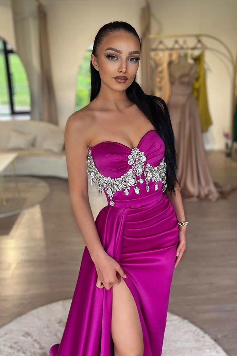 L2007 - Sweetheart Strapless Beaded Ruched Satin Sheath Long Evening Prom Dress