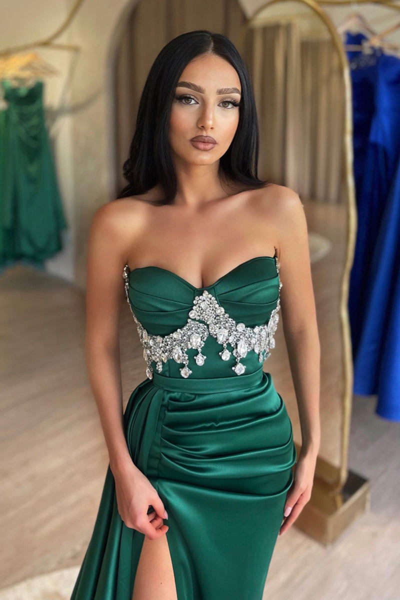 L2007 - Sweetheart Strapless Beaded Ruched Satin Sheath Long Evening Prom Dress