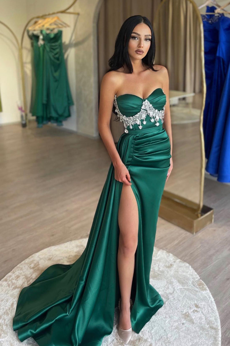 L2007 - Sweetheart Strapless Beaded Ruched Satin Sheath Long Evening Prom Dress
