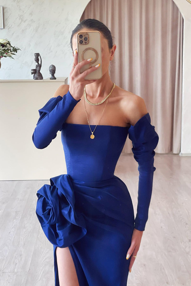 L2008 - Off-Shoulder Strapless Long Sleeves Floral Satin Sheath Long Evening Prom Dress