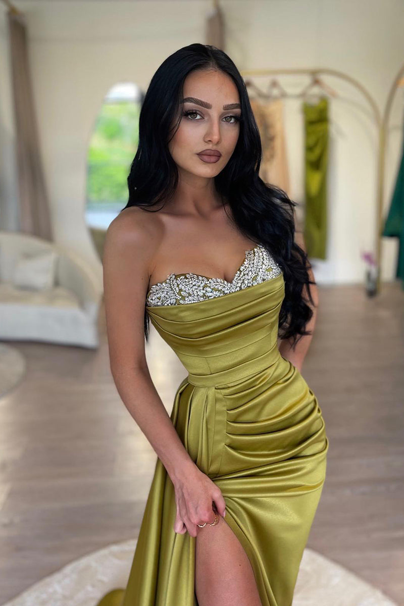 L2009 - Sweetheart Strapless Beaded Ruched Satin Sheath Long Evening Prom Dress