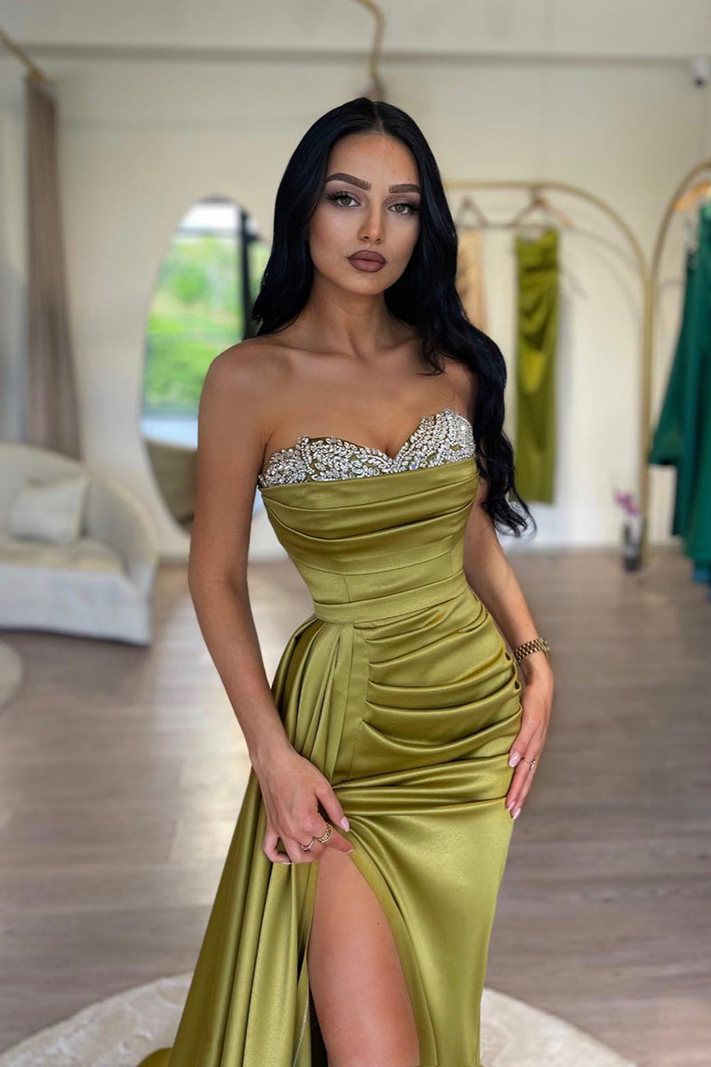 L2009 - Sweetheart Strapless Beaded Ruched Satin Sheath Long Evening Prom Dress
