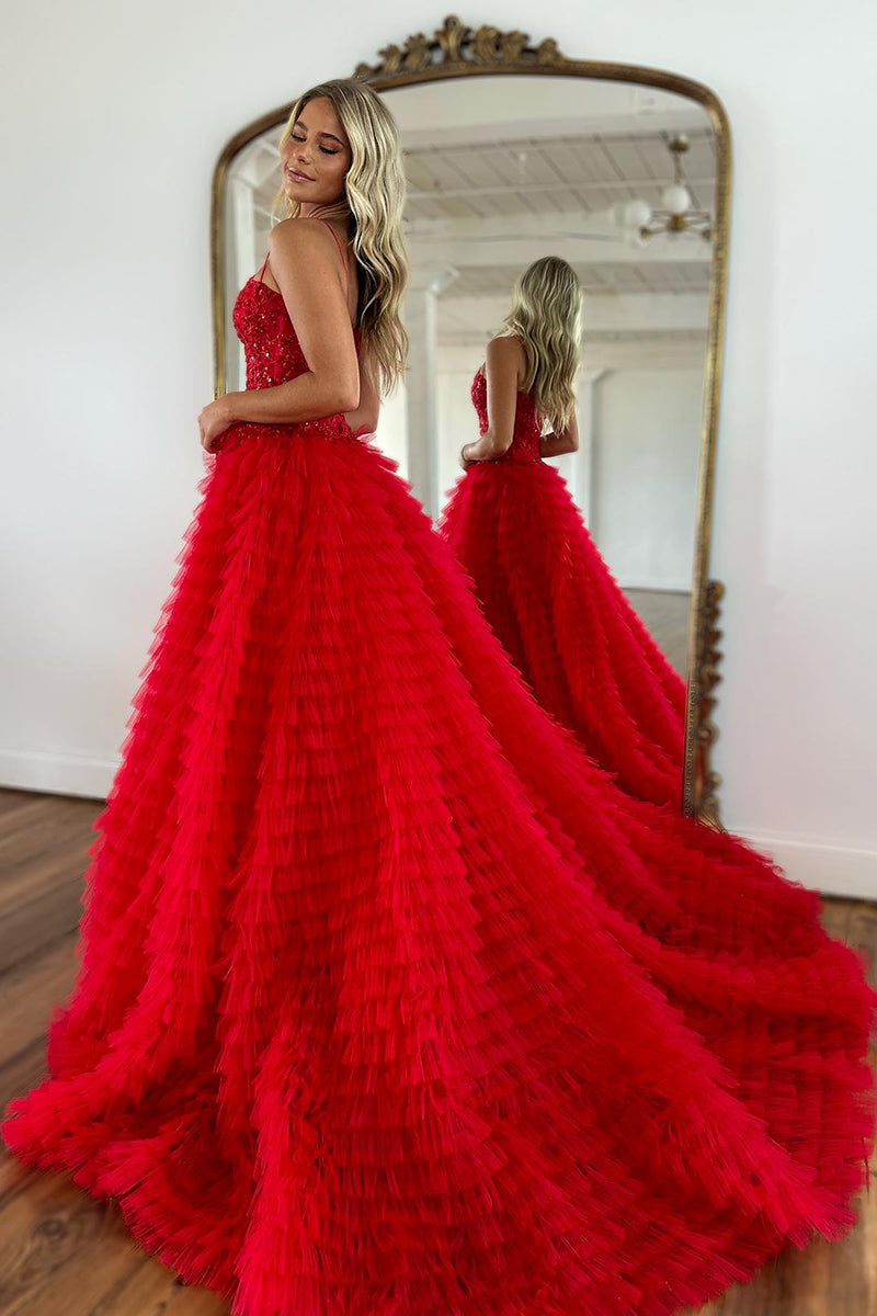 L2012 - Spaghetti Straps Sequined Beaded Tulle A-Line Long Evening Prom Dress