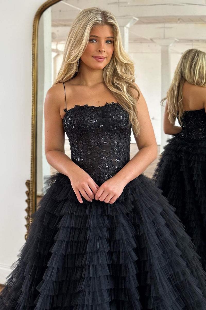 L2014 - Spaghetti Straps Sequined Beaded Tulle A-Line Long Evening Prom Dress