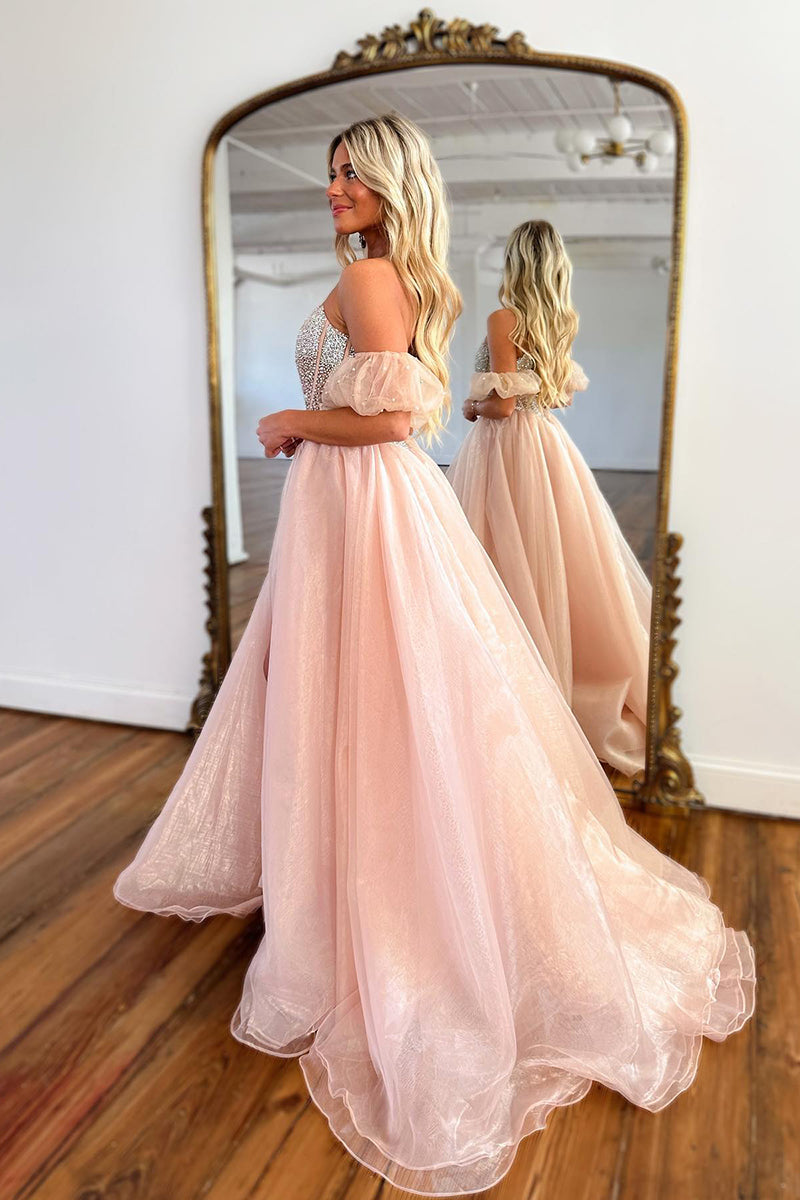 L2016 - Strapless Sleeveless Beaded Ruched Tulle A-Line Long Prom Dress With Slit