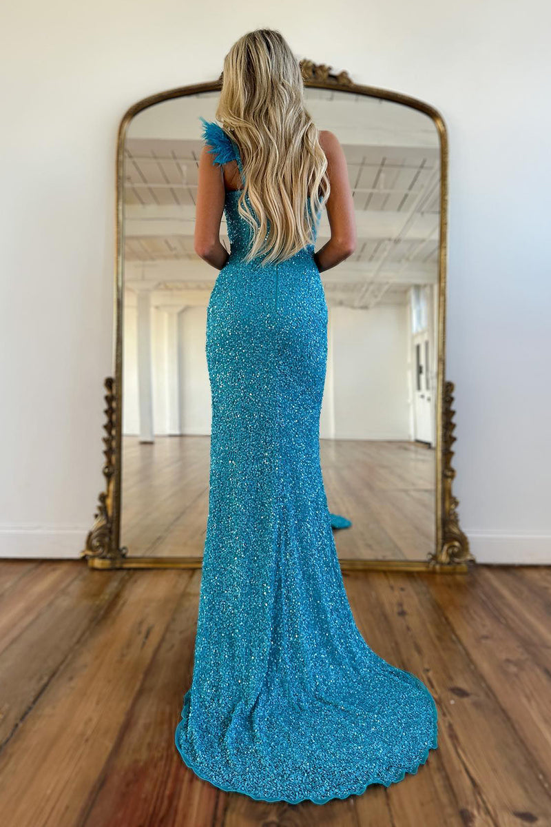 L2018 - One Shoulder Sequined Feather Sheath Long Prom Evening Dress With Slit