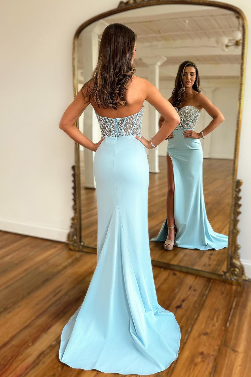 L2019 - Sweetheart Strapless Beaded Satin Sheath Long Prom Evening Dress With Slit