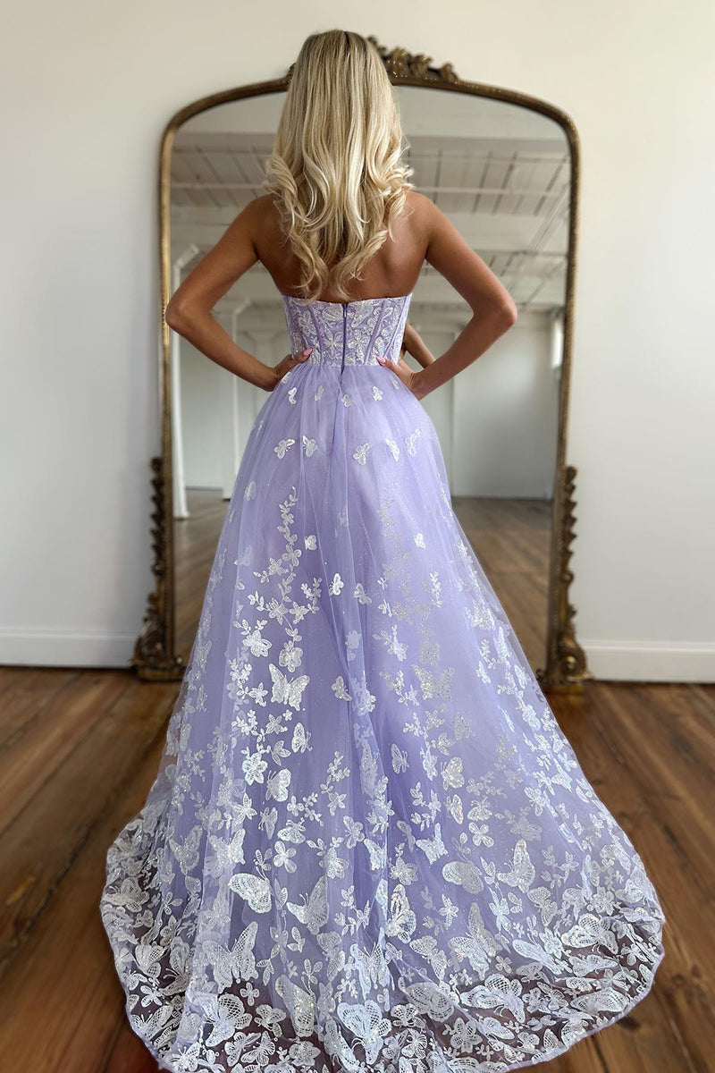 L2020 - Sweetheart Strapless Sleeveless Lace Tulle A-Line Long Prom Evening Dress