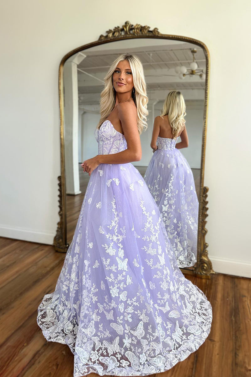 L2020 - Sweetheart Strapless Sleeveless Lace Tulle A-Line Long Prom Evening Dress