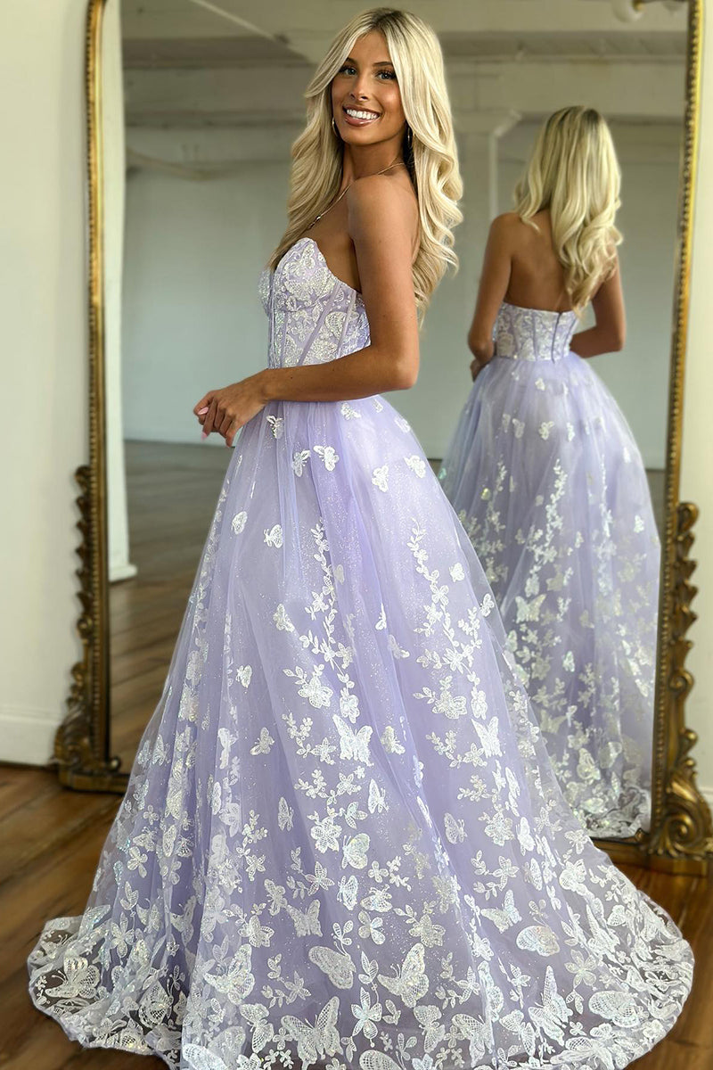 L2020 - Sweetheart Strapless Sleeveless Lace Tulle A-Line Long Prom Evening Dress