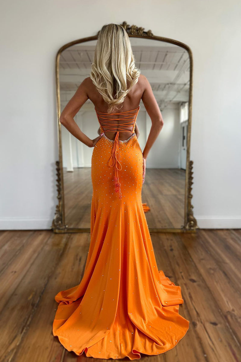 L2021 - Sweetheart Strapless Beaded Satin Sheath Long Prom Evening Dress With Slit