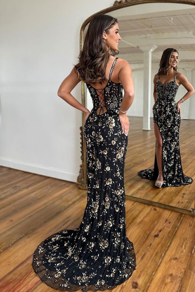L2023 - Low V-Neck Sequined Appliqued Tulle Sheath Long Prom Evening Dress With Slit