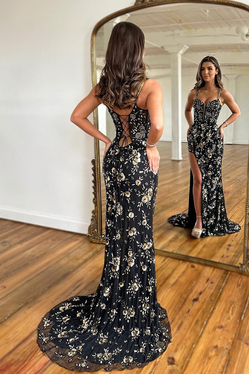 L2023 - Low V-Neck Sequined Appliqued Tulle Sheath Long Prom Evening Dress With Slit