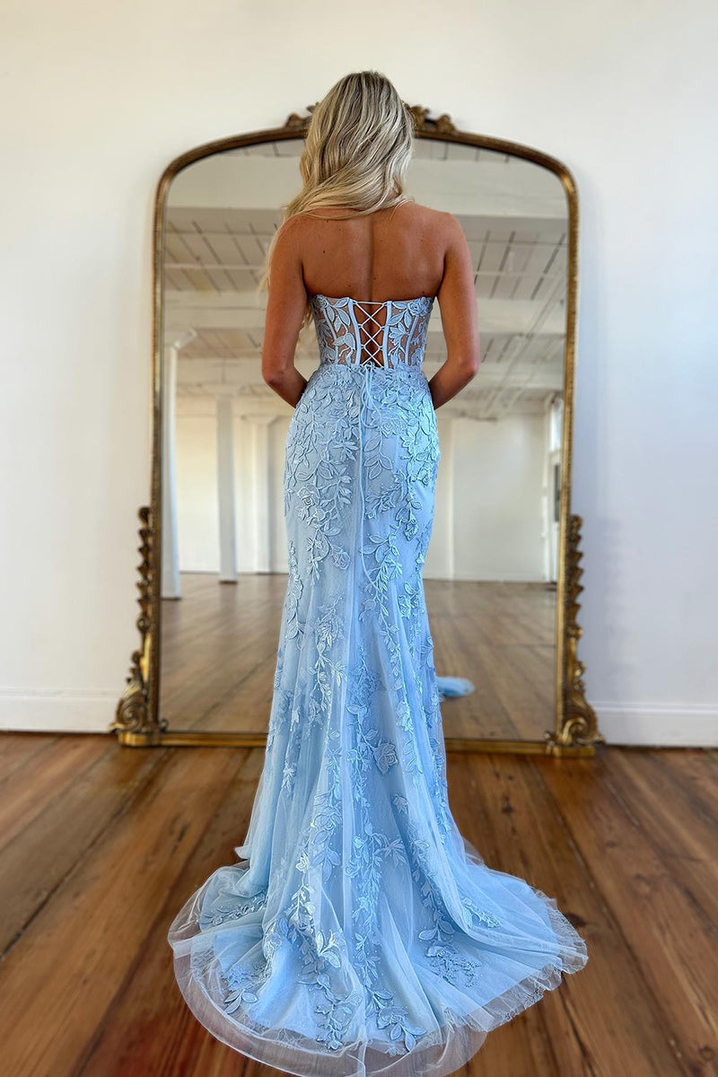 L2024 - Sweetheart Strapless Lace Appliqued Tulle Sheath Long Prom Evening Dress