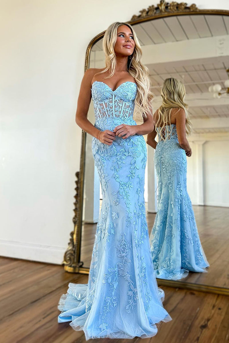 L2024 - Sweetheart Strapless Lace Appliqued Tulle Sheath Long Prom Evening Dress
