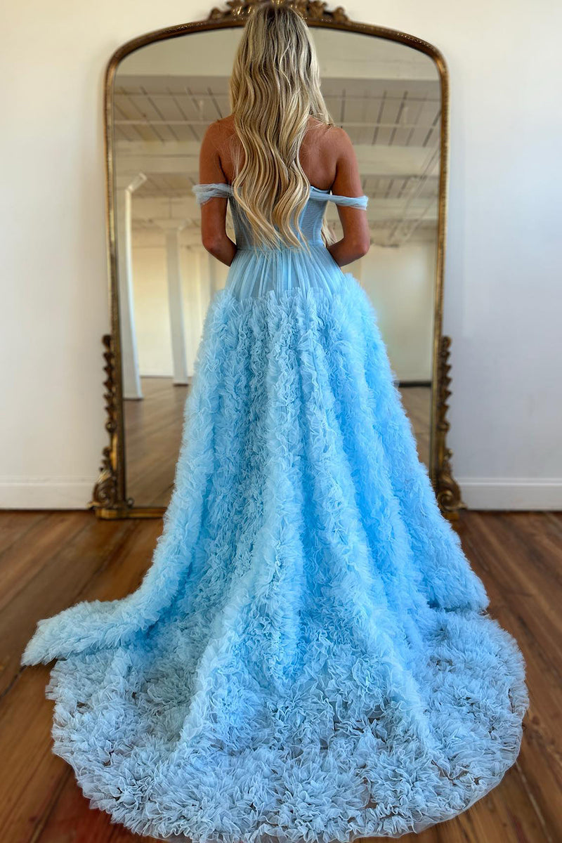 L2025 - Off-Shoulder Sleeveless Ruched Tulle A-Line Long Prom Evening Dress With Slit
