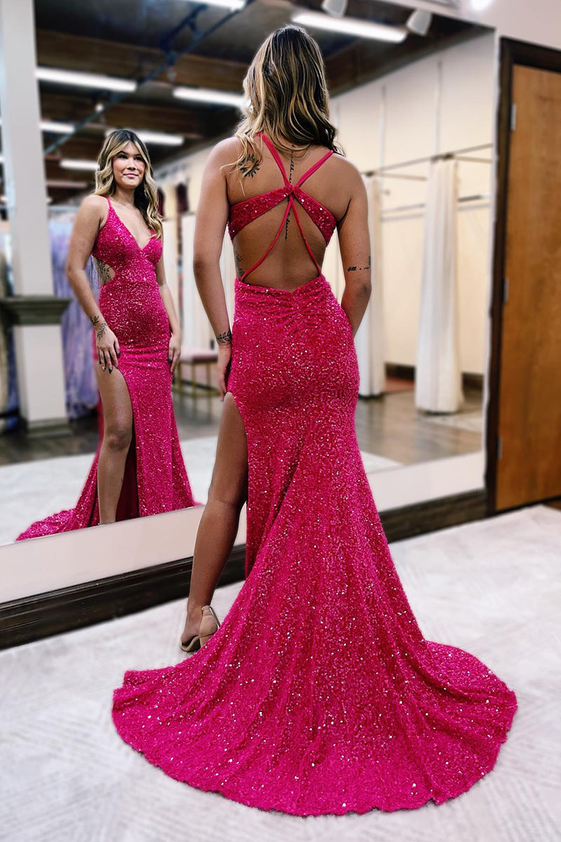 L2030 - V-Neck Sleeveless Cut Outs Sequined Sheath Long Prom Evening Dress With Slit