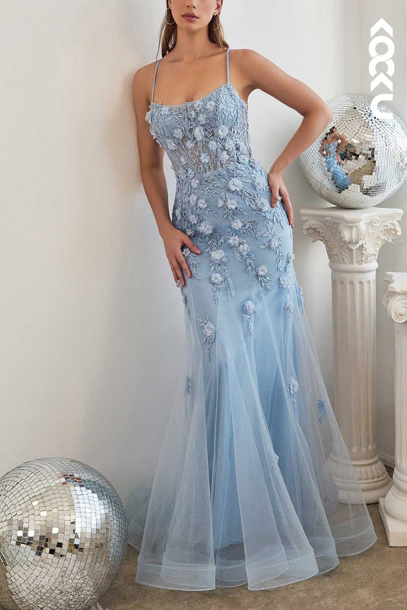 L2032 - Spaghetti Straps Floral Appliqued Sheer Tulle Mermaid Long Prom Evening Dress