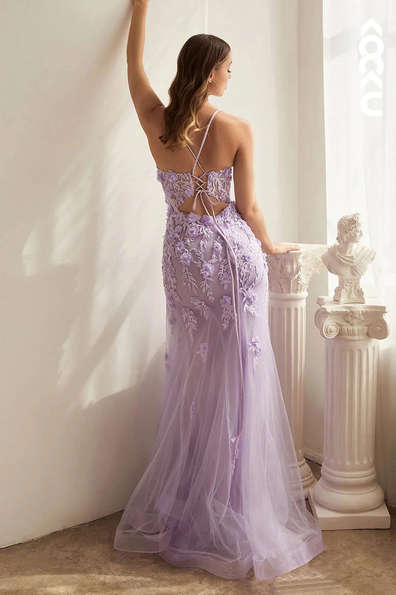 L2032 - Spaghetti Straps Floral Appliqued Sheer Tulle Mermaid Long Prom Evening Dress