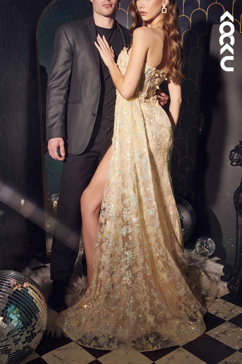 L2034 - Sweetheart Strapless Appliqued Sheer Tulle Sheath Long Prom Evening Dress