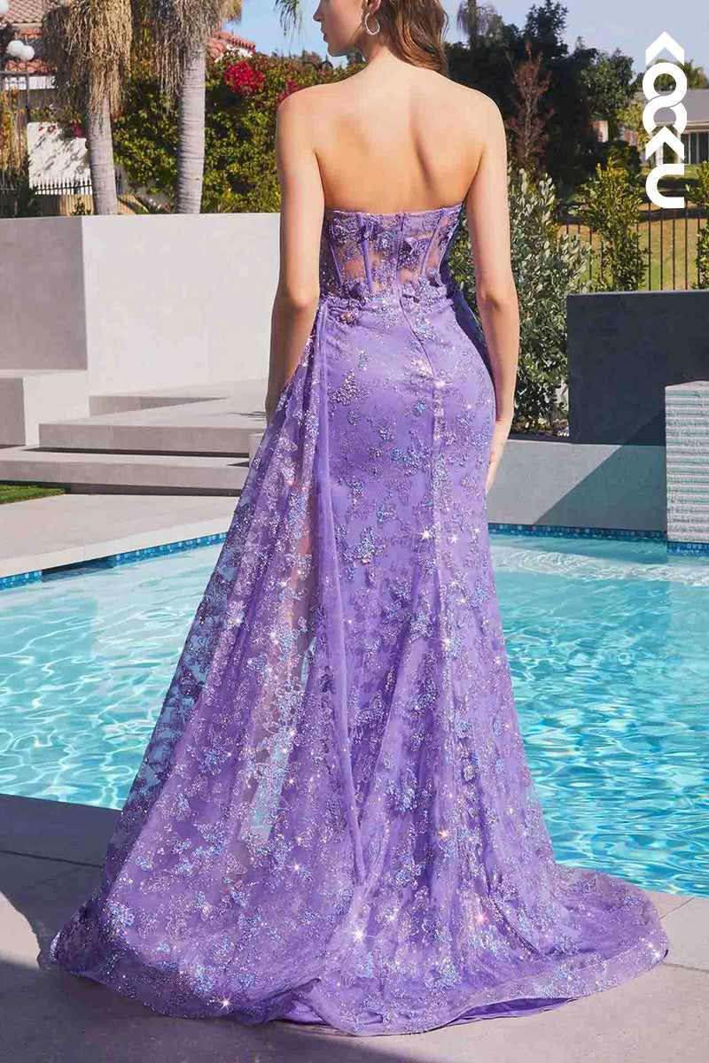 L2034 - Sweetheart Strapless Appliqued Sheer Tulle Sheath Long Prom Evening Dress