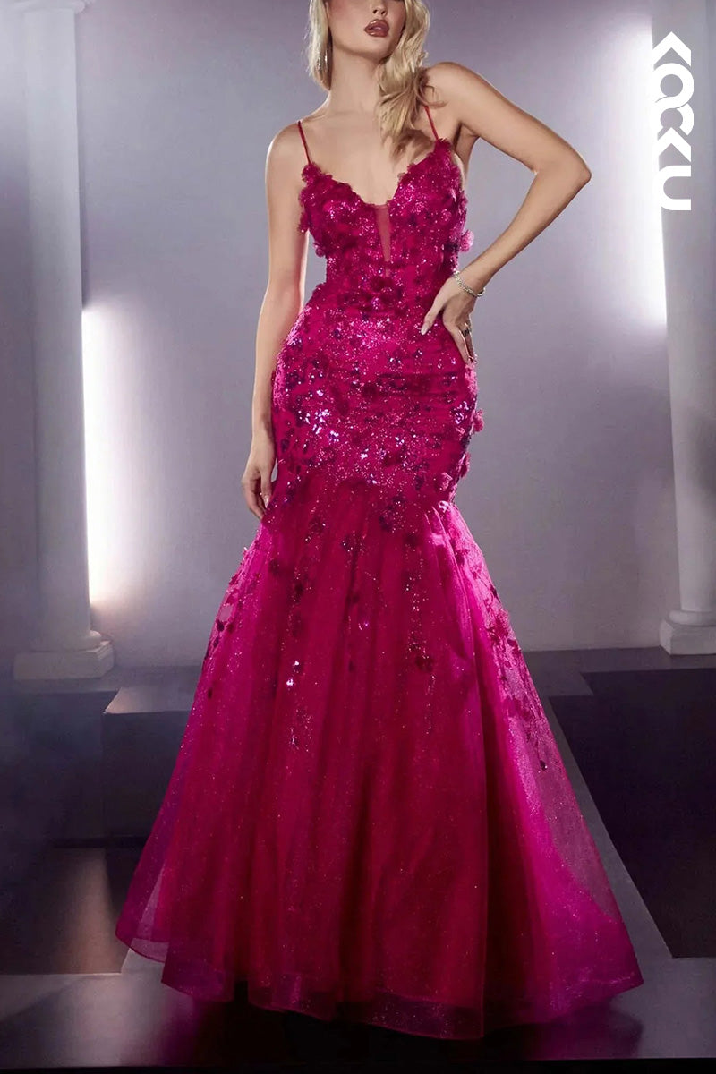 L2035 - V-Neck Spaghetti Straps Appliqued Tulle Mermaid Long Prom Evening Dress