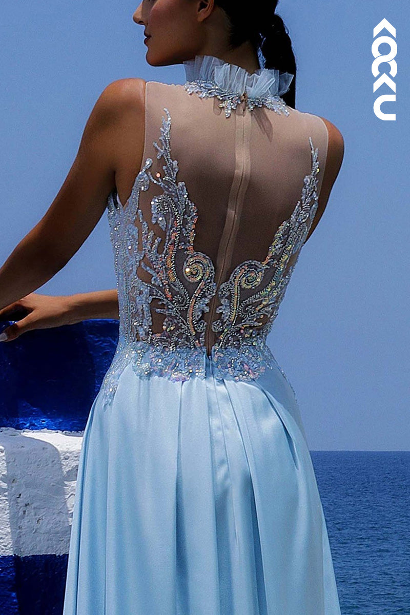 L2037 - High Neck Sleeveless Beaded Sheer Tulle Satin Sheath Long Prom Evening Dress